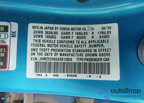 2010 Honda Insight Lx из США, поврежденный, VIN JHMZE2H52AS013826